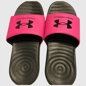 Under Armour Girl Neon Pink and Black Slides Size 1